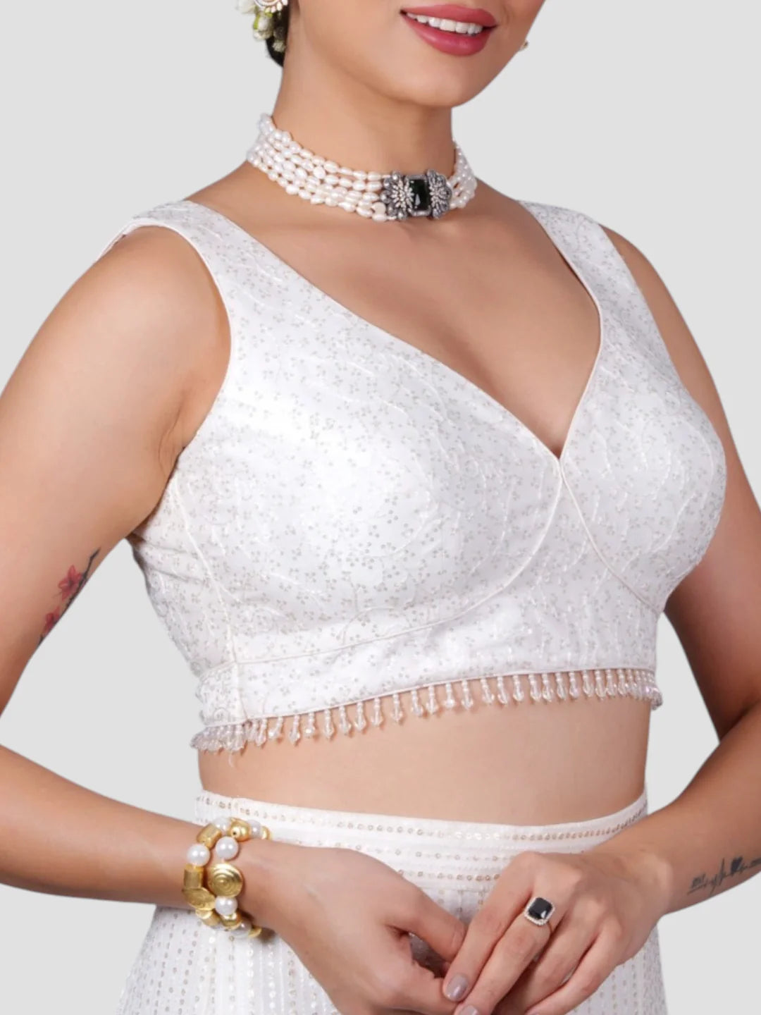 White Sequence Deep Neck Sleeveless Readymade Blouse