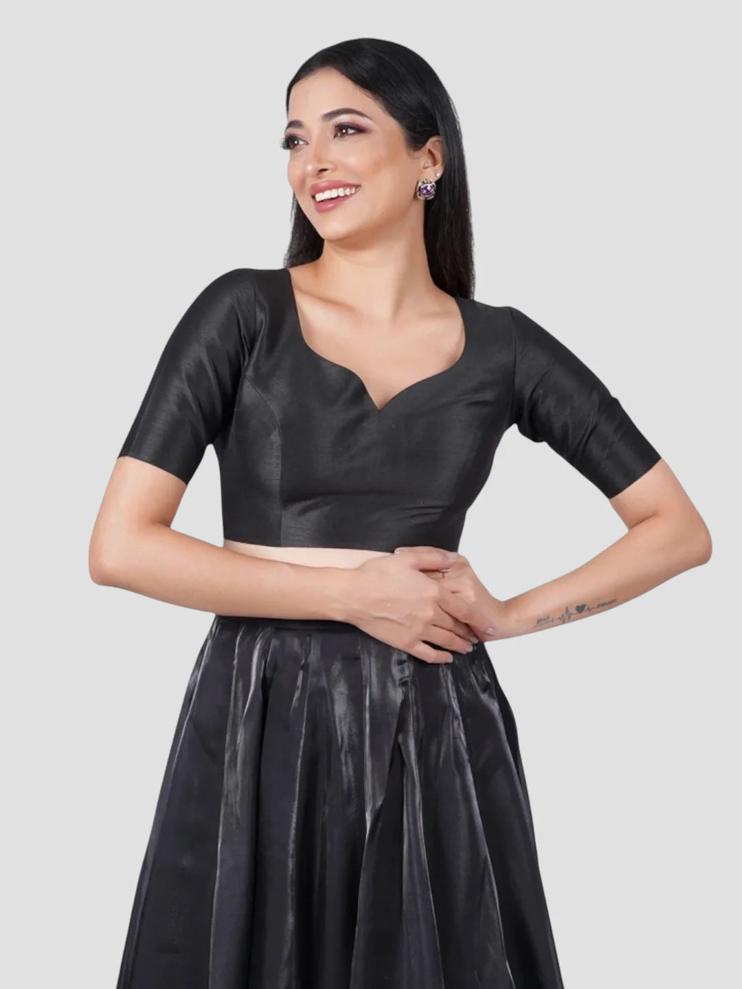 Black Silk Paan Neck Half Sleeves Readymade Blouse