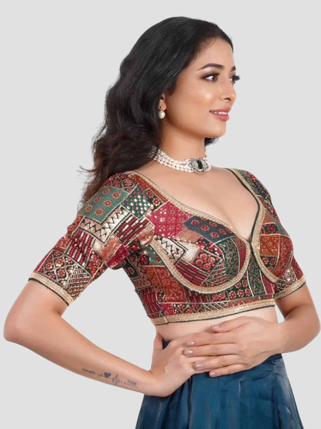 Multicolor Georgette Deep Neck Half Sleeves Readymade Katori Blouse