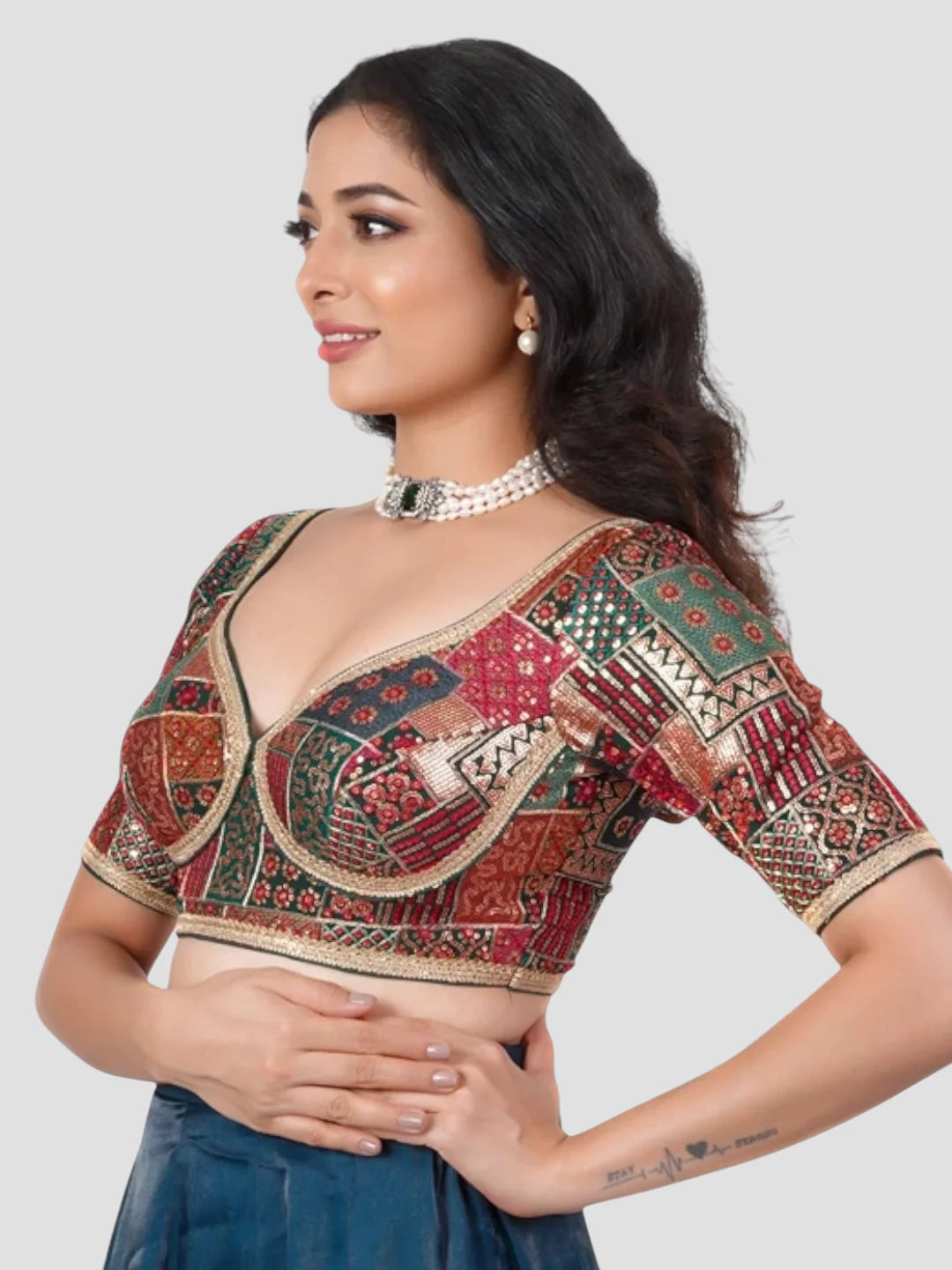 Multicolor Georgette Deep Neck Half Sleeves Readymade Katori Blouse