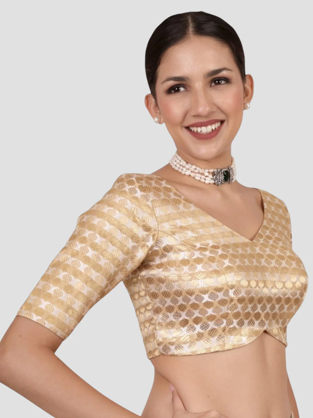 Golden Brocade Padded Readymade Saree Blouse