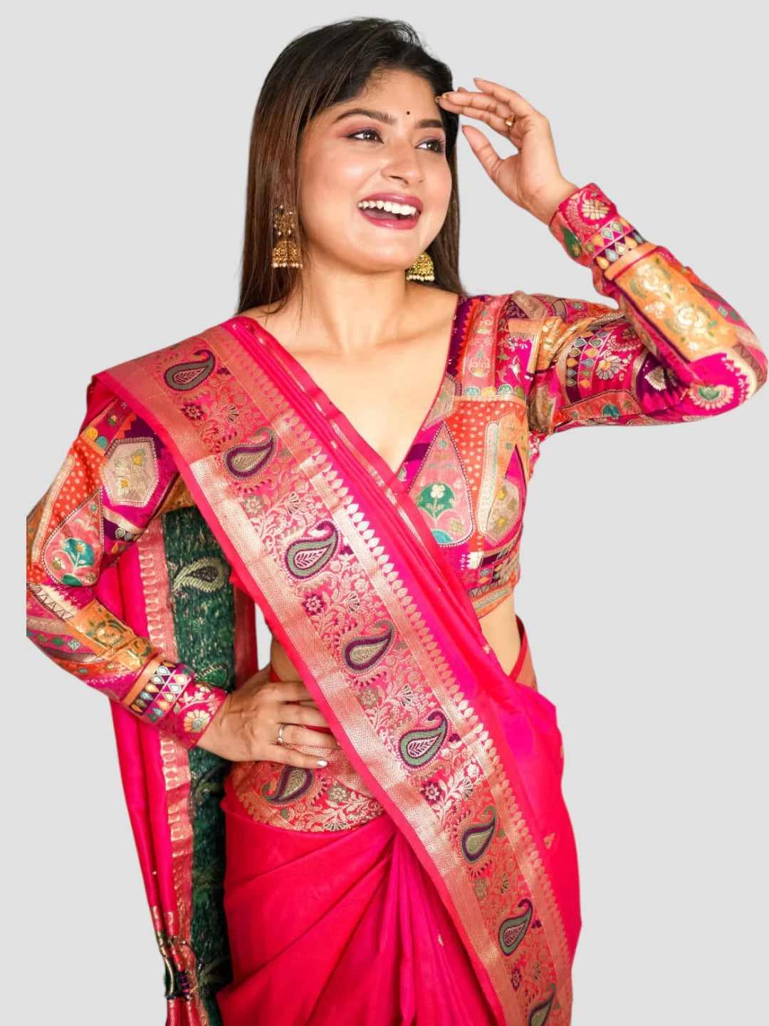 Pink Banarasi Silk V Neck Full Sleeves Readymade Blouse