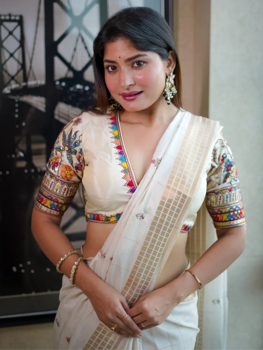 White Tissue Deep Neck Half Sleeves Readymade Blouse