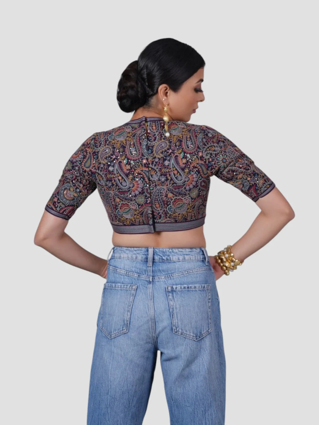 Multicolor Silk High Neck Half Sleeves Readymade Blouse