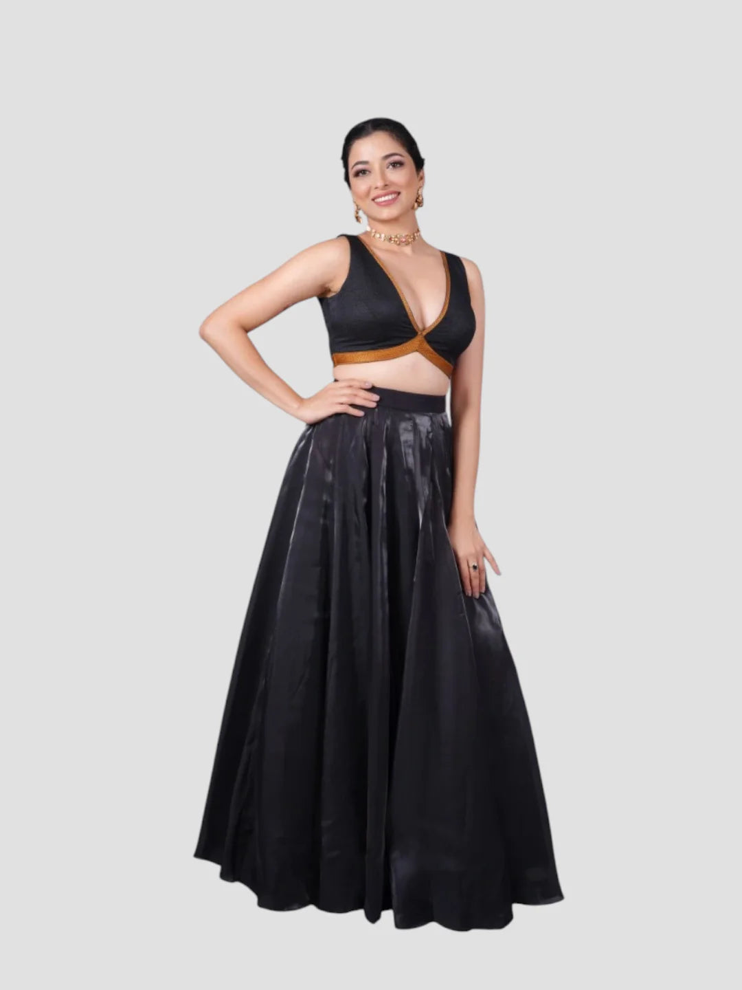 Black Silk V Neck Sleeveless Readymade Blouse