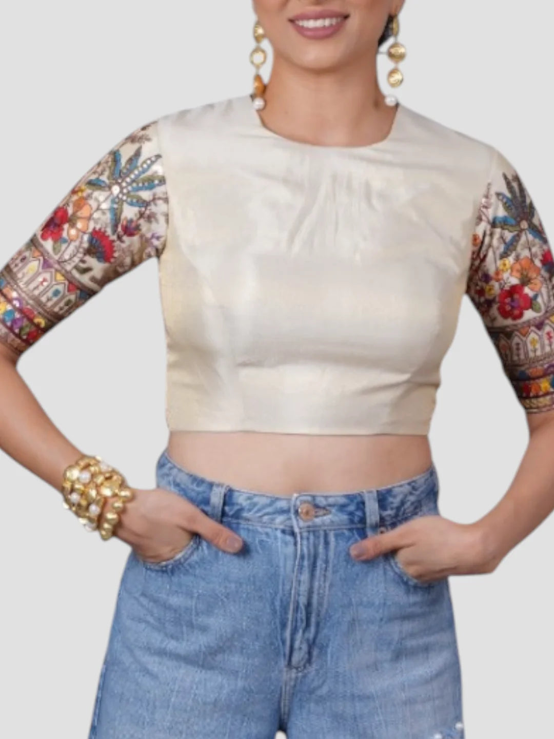 Cream Tissue High Neck Half Sleeves Thread Embroidered Readymade Saree Blouse