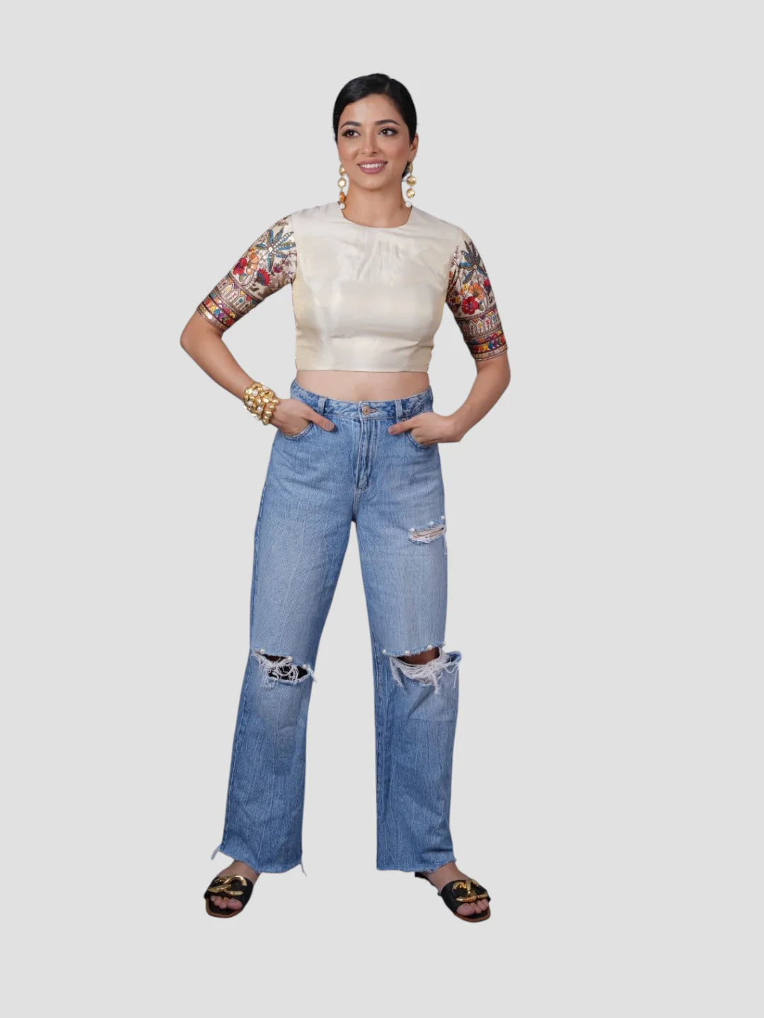 Cream Tissue High Neck Half Sleeves Thread Embroidered Readymade Saree Blouse