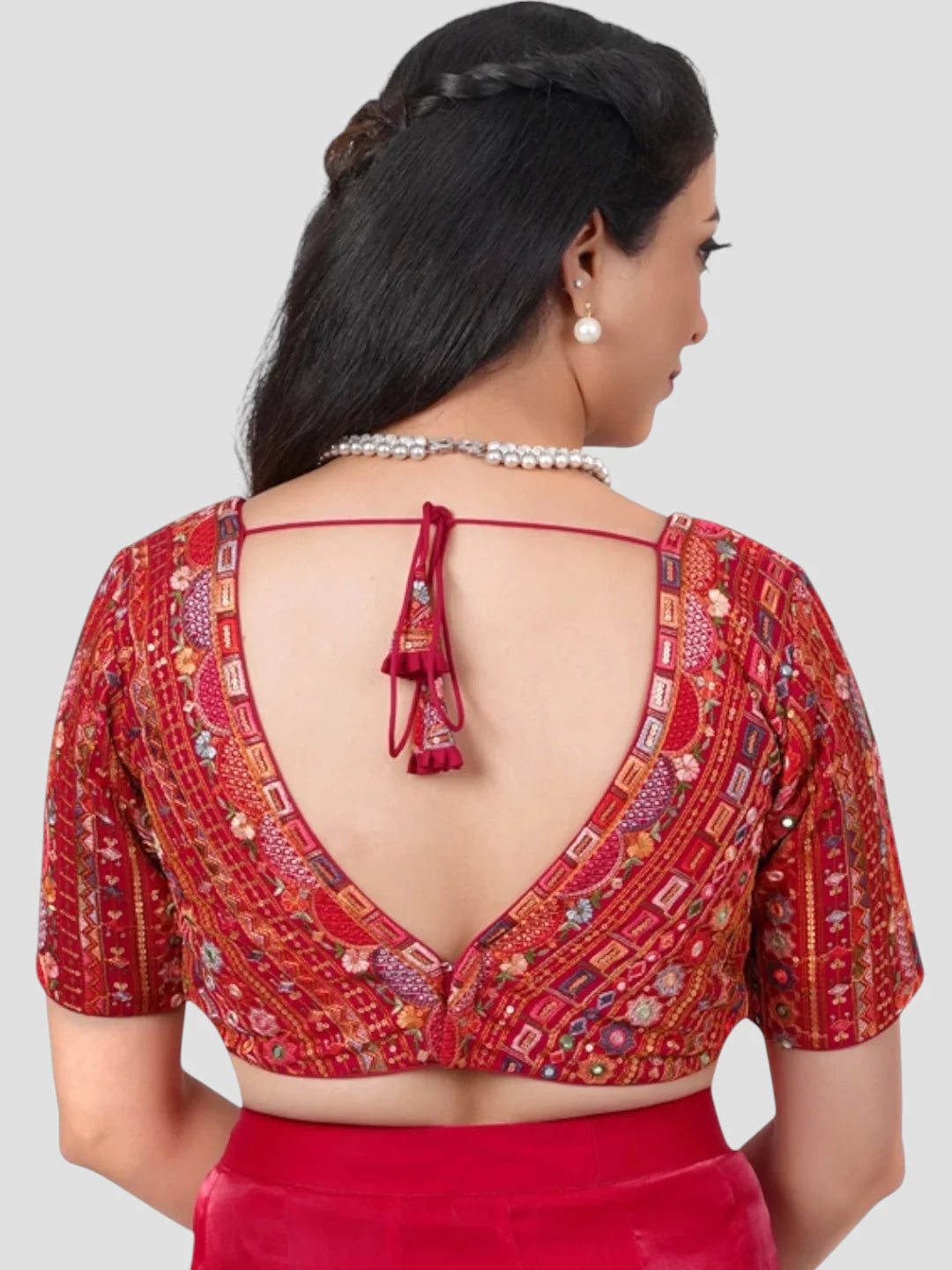 Red Georgette Deep Neck Half Sleeves Readymade Blouse