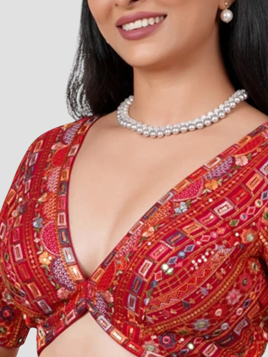 Red Georgette Deep Neck Half Sleeves Readymade Blouse