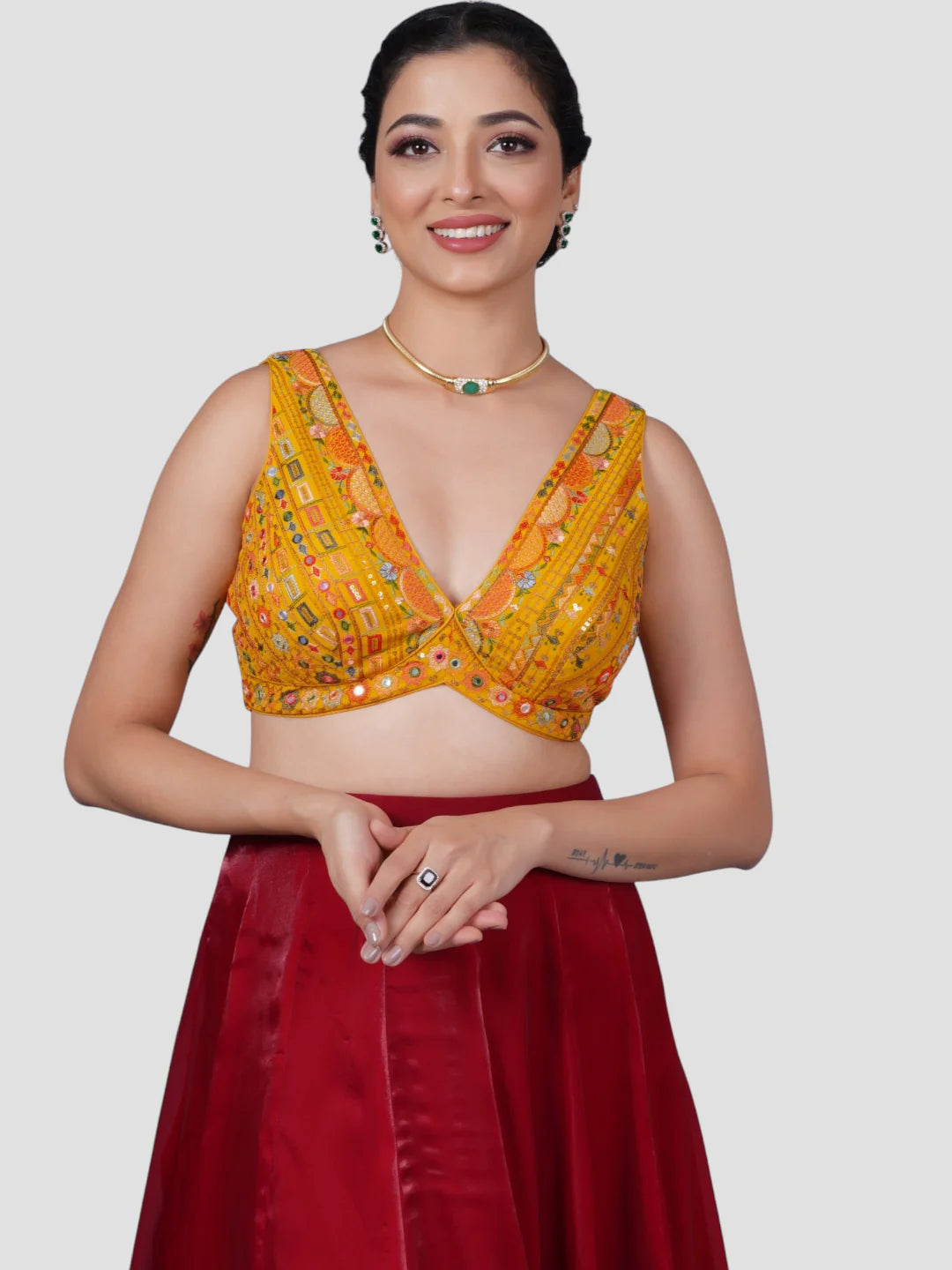 Yellow Georgette Deep Neck Sleeveless Readymade Blouse