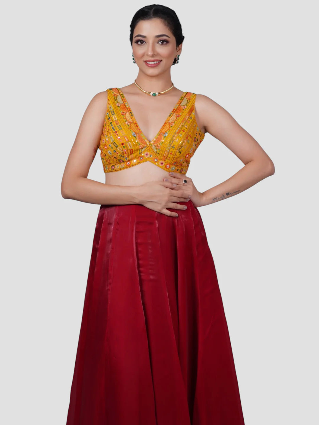 Yellow Georgette Deep Neck Sleeveless Readymade Blouse