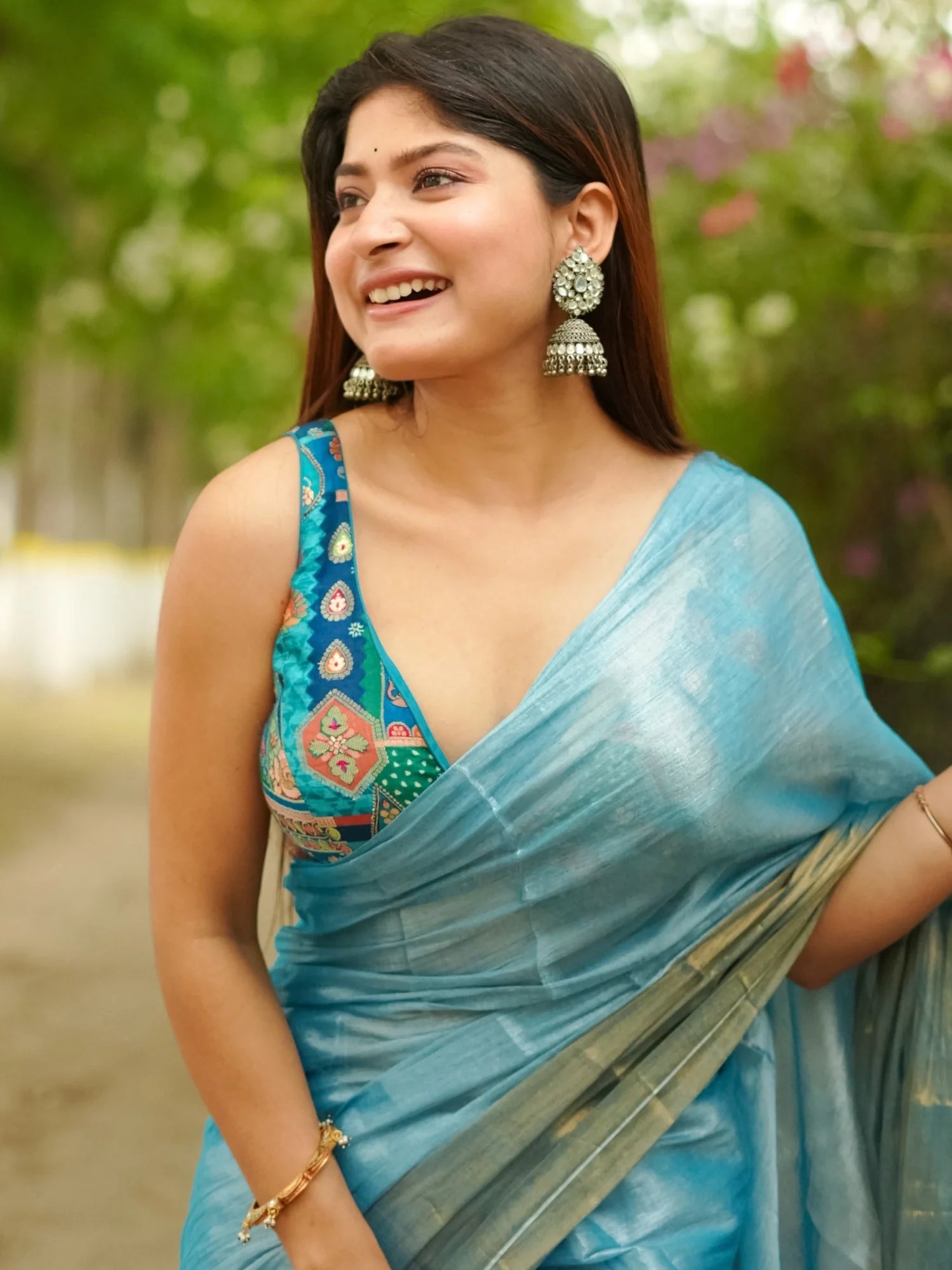 Blue Banaras Silk Multicolored Sleeveless Readymade Saree Blouse