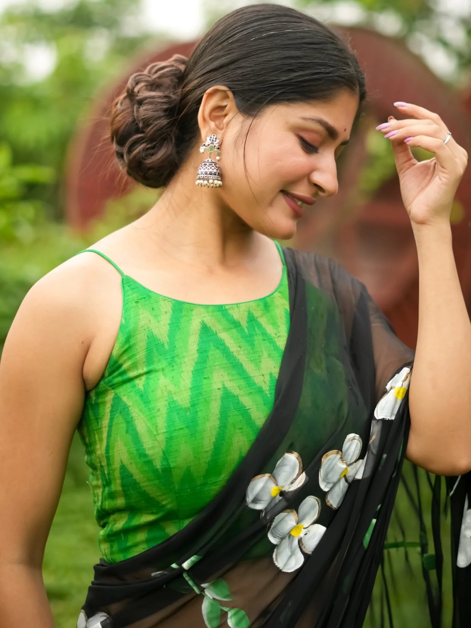 Green Iqqat Print Round Neck Sleeveless Readymade Blouse