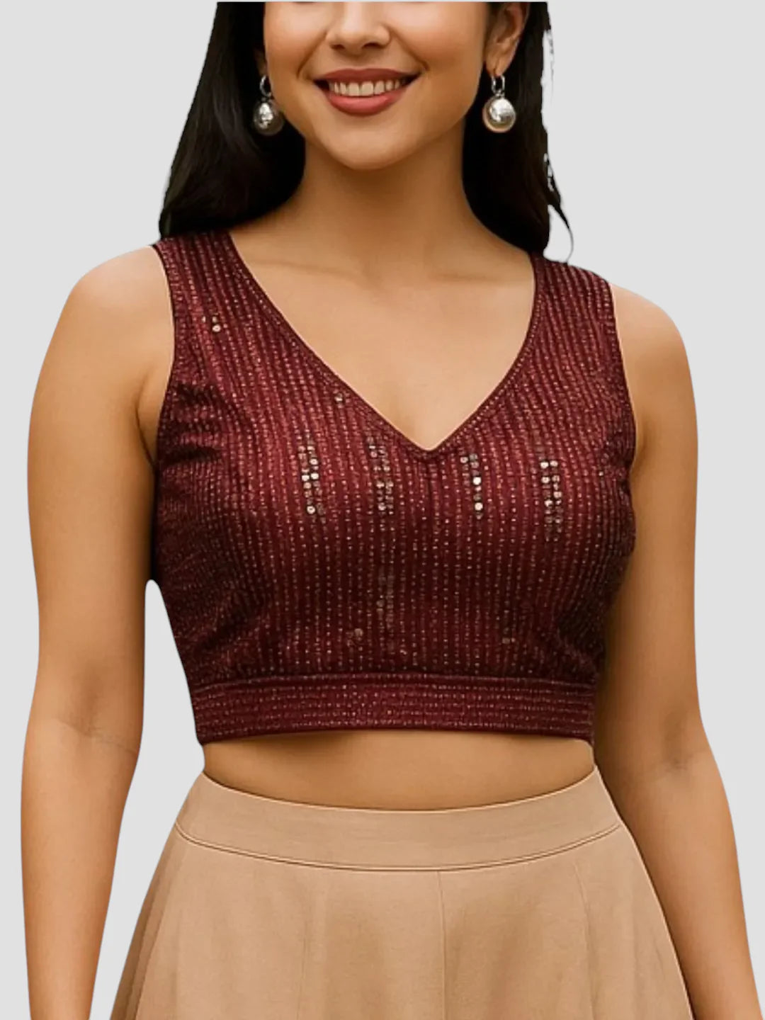 women-maroon-sleeveless-sequin-embellished-v-neck-readymade-saree-blouse