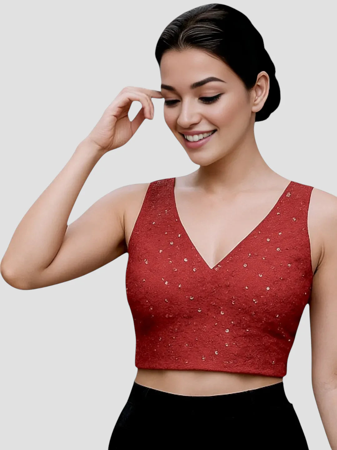 women-maroon-sleeveless-v-neck-art-silk-readymade-saree-blouse