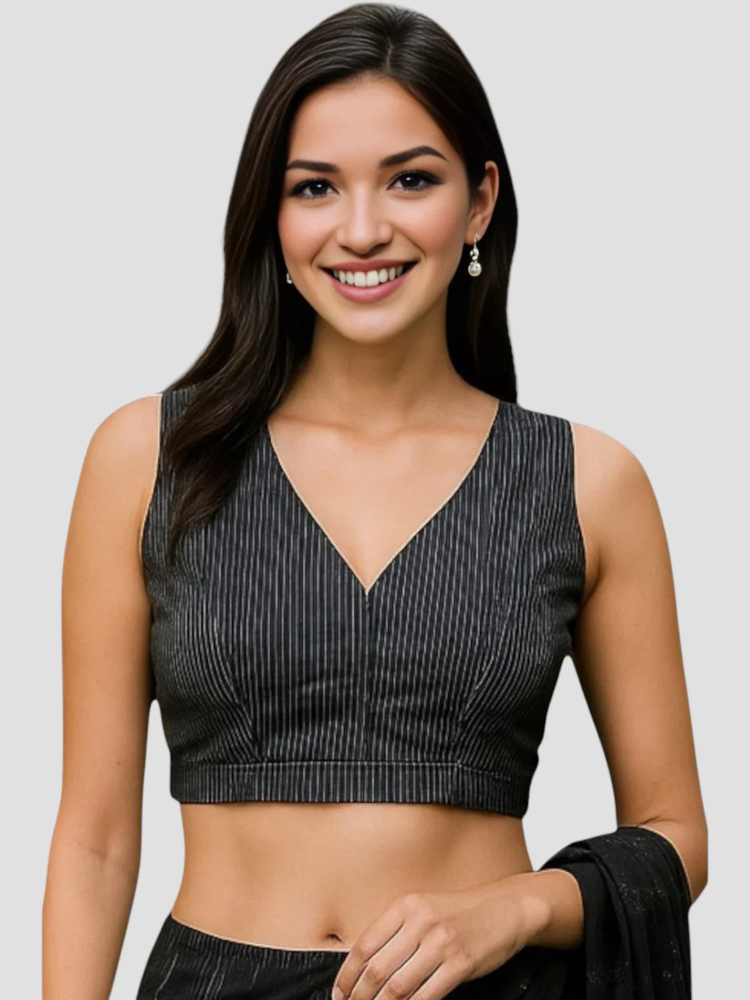 Black Pinstripe V Neck Readymade Saree Blouse