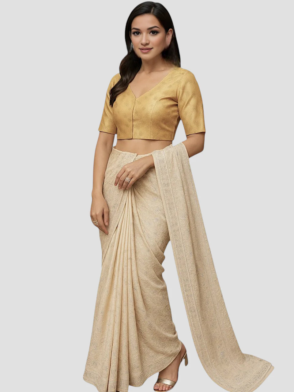 women-gold-brocade-v-neck-half-sleeve-readymade-saree-blouse