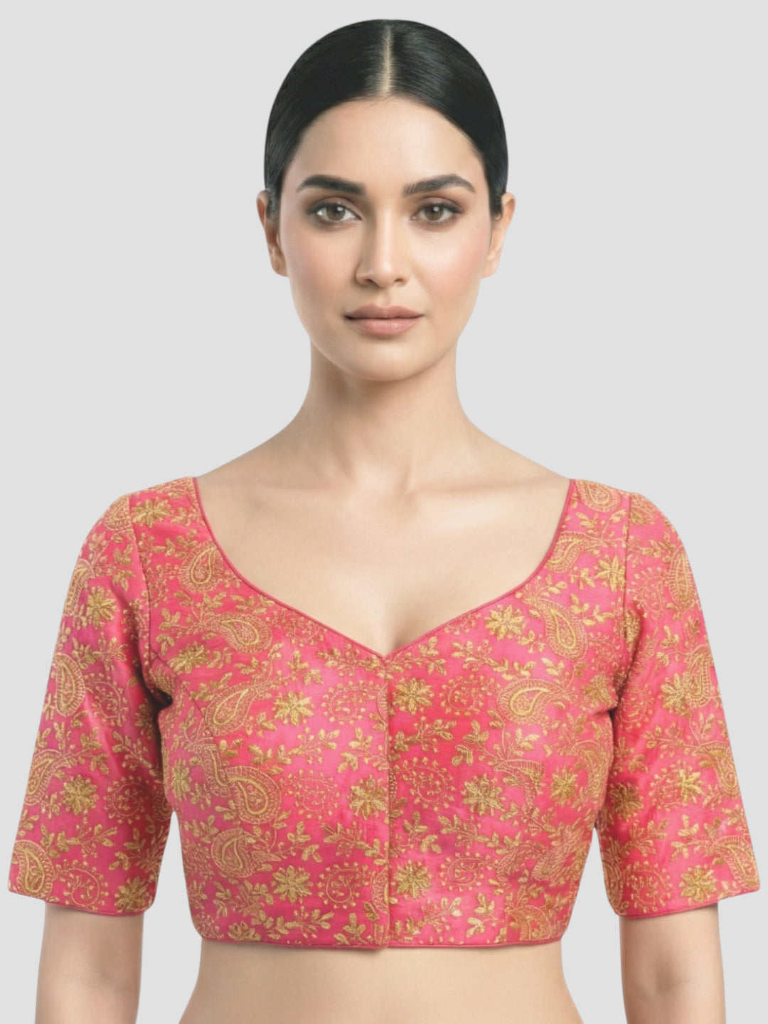 Pink Brocade Floral Paisley Half Sleeve Saree Blouse with Sweetheart Neckline & Back Tie-Up Dori