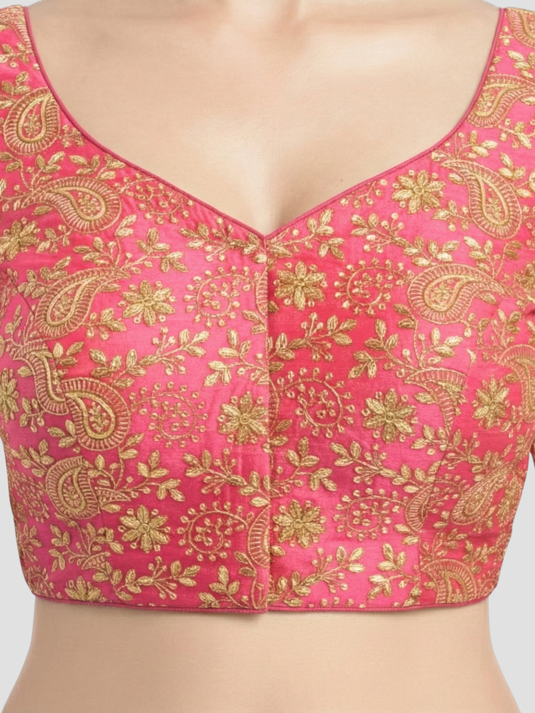 Pink Brocade Floral Paisley Half Sleeve Saree Blouse with Sweetheart Neckline & Back Tie-Up Dori
