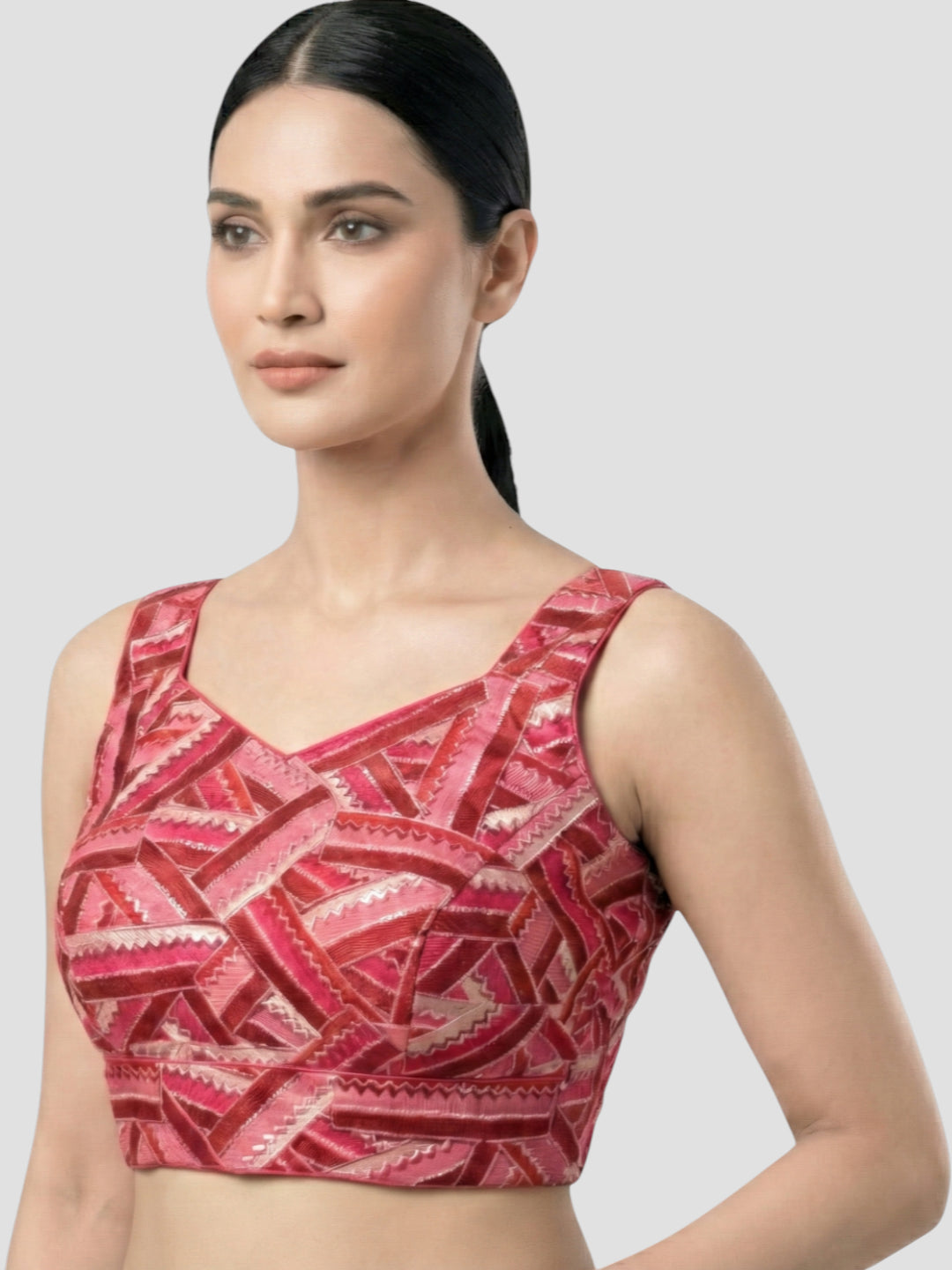 Pink Embroidered V-Neck Designer Blouse – Geometric Patterned Ethnic