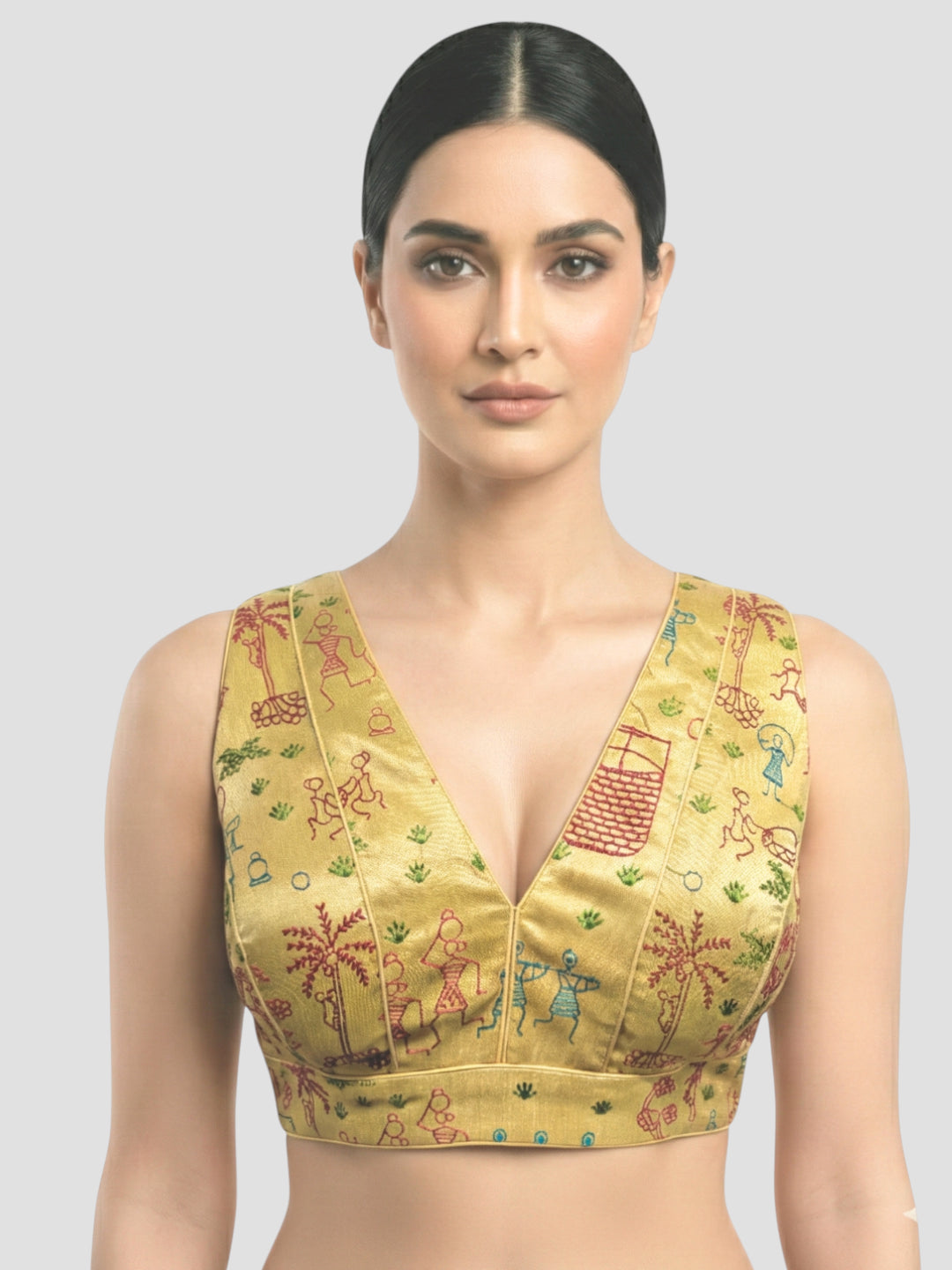 Handcrafted Tribal Motif Ethnic Golden Warli Art Silk Sleeveless Blouse with Deep V Neck