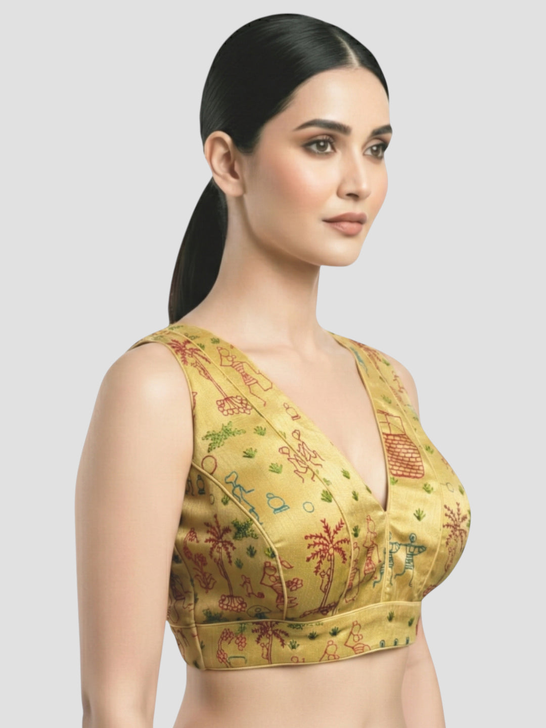 Handcrafted Tribal Motif Ethnic Golden Warli Art Silk Sleeveless Blouse with Deep V Neck