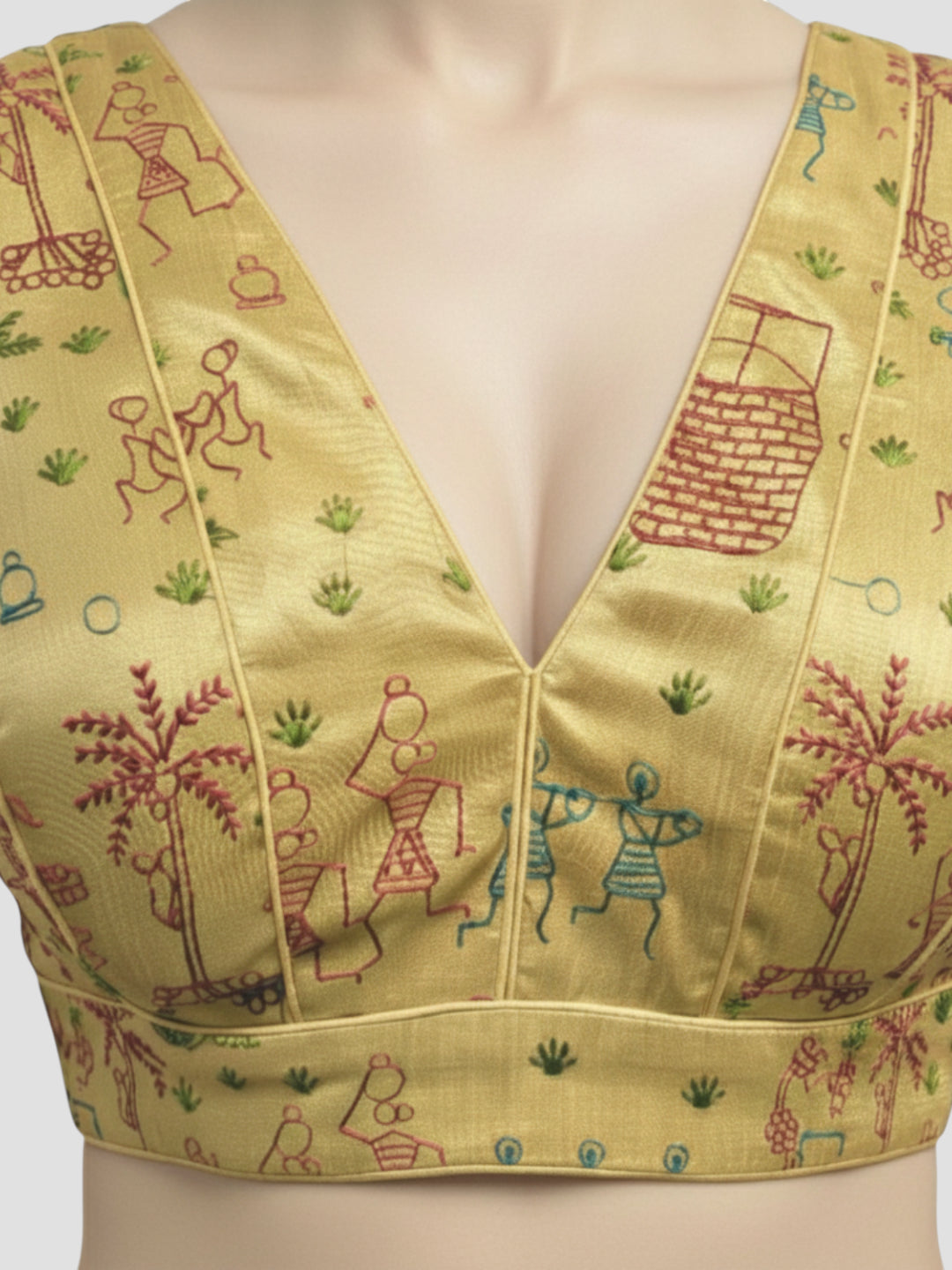 Handcrafted Tribal Motif Ethnic Golden Warli Art Silk Sleeveless Blouse with Deep V Neck