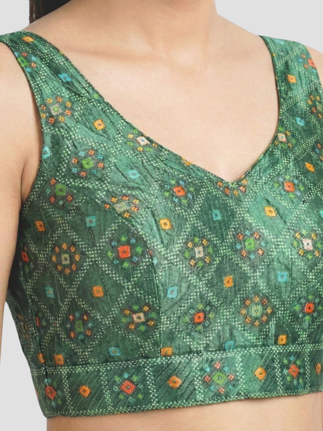 Green Printed Sleeveless V-Neck Ethnic Blouse with Deep Back Design