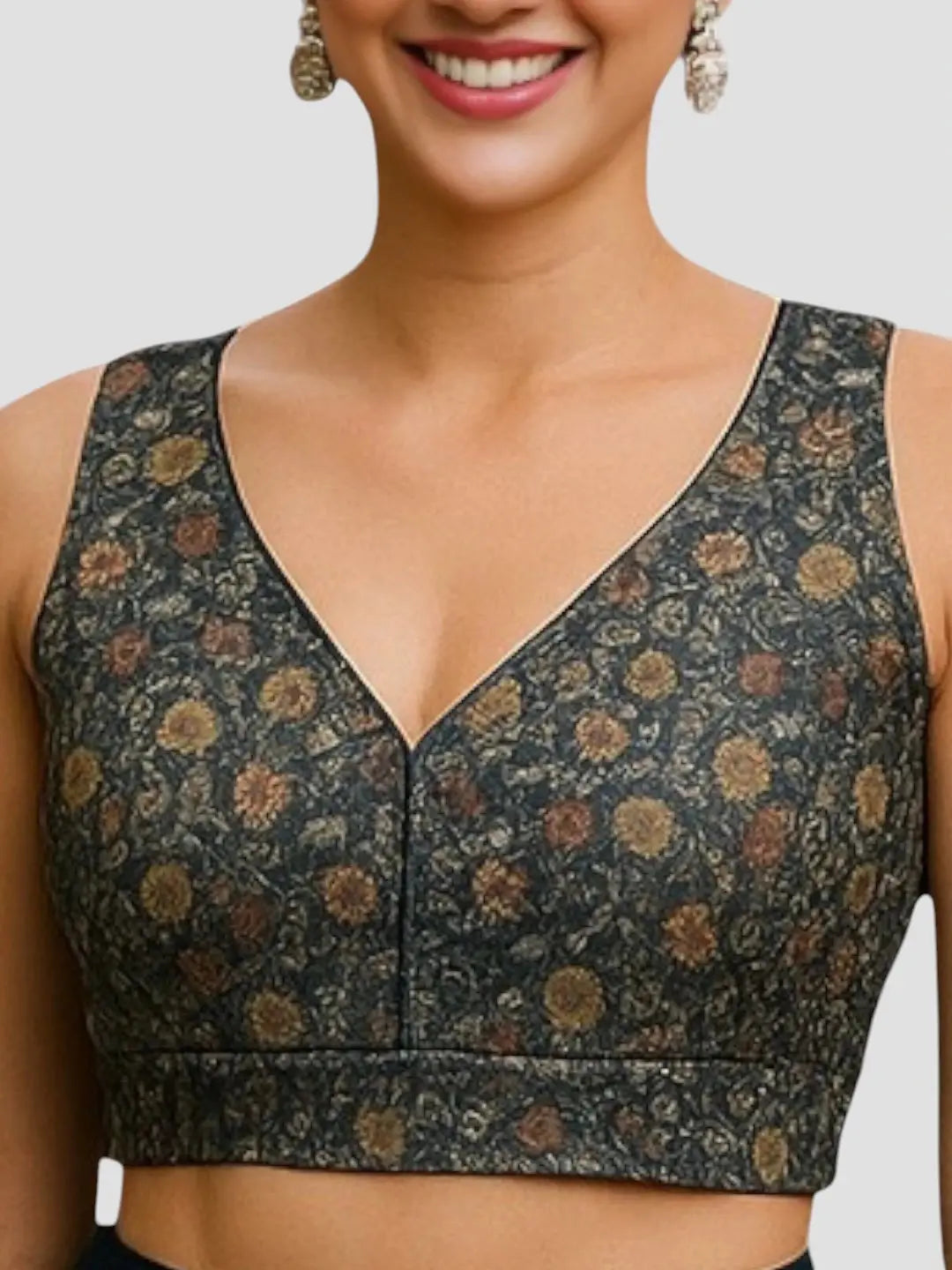 Black Floral Art Silk Sleeveless Readymade Saree Blouse