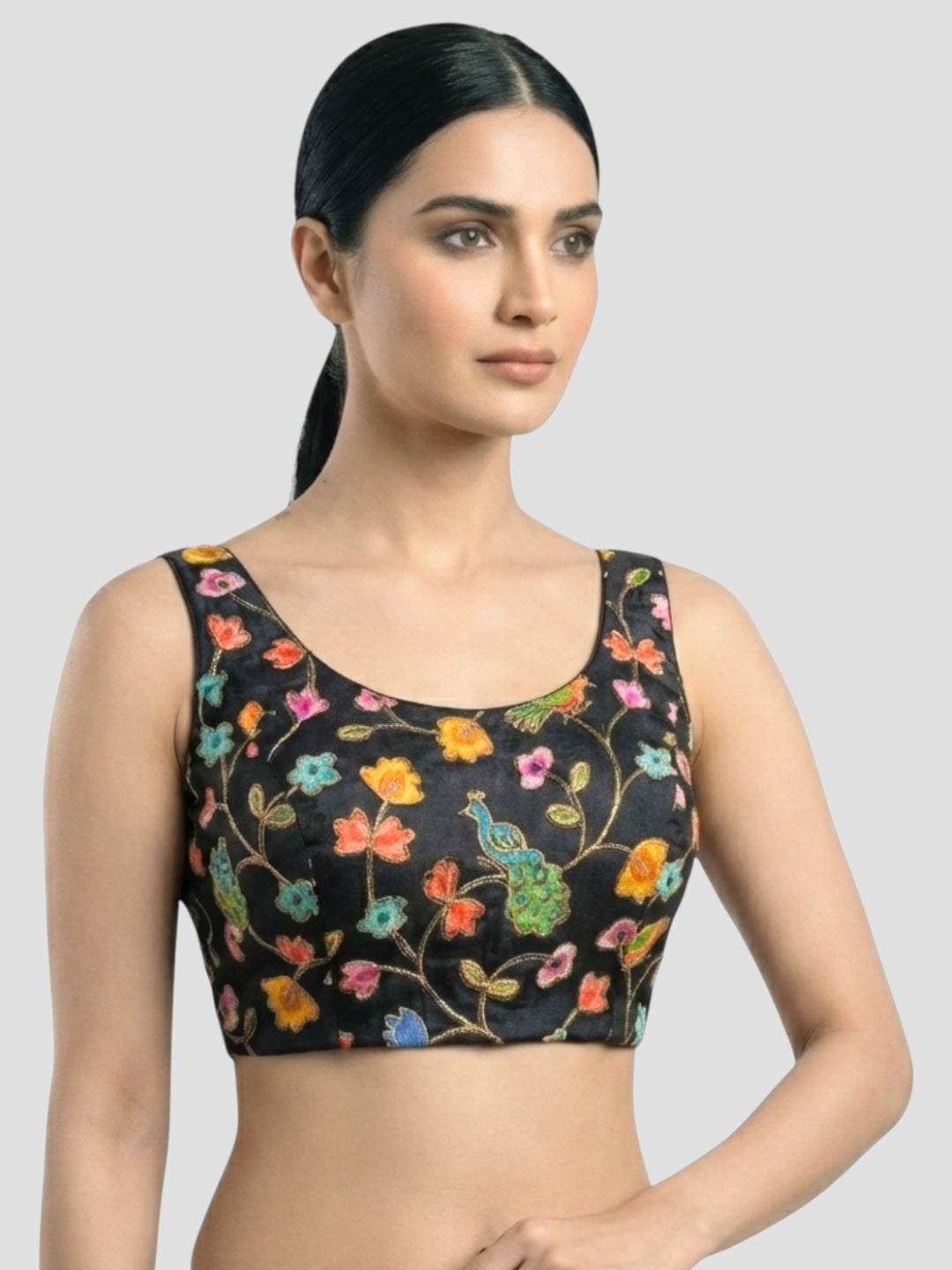 Black Embroidered Peacock & Floral Sleeveless Saree Blouse with Scoop Neck