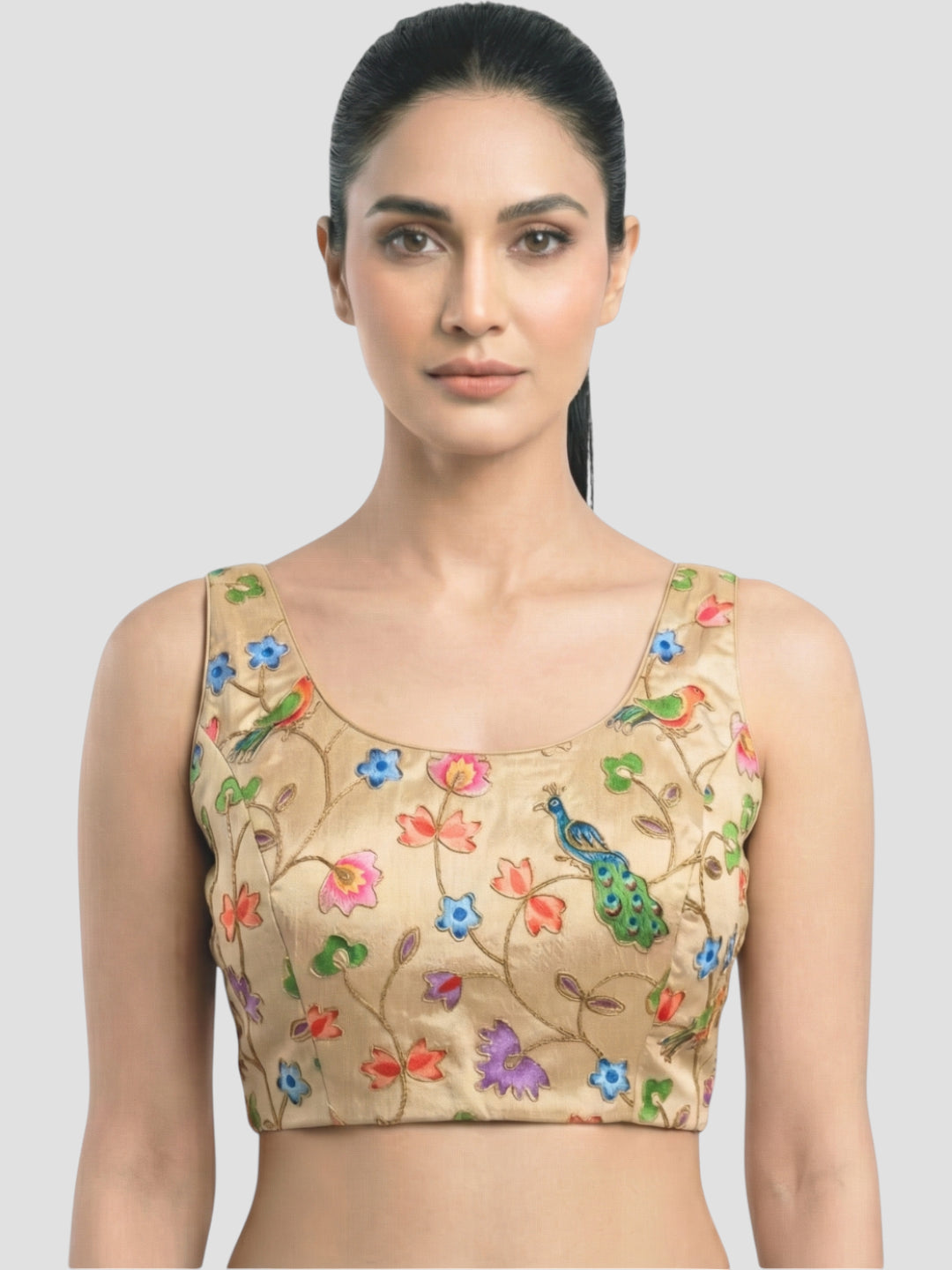 Gold Embroidered Peacock & Floral Sleeveless Saree Blouse with Scoop Neck