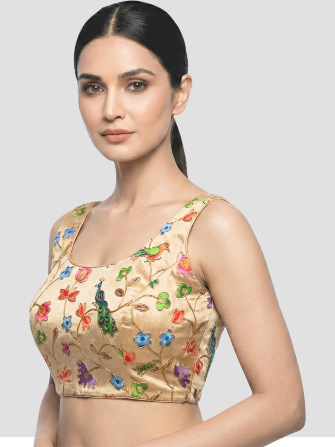 Gold Embroidered Peacock & Floral Sleeveless Saree Blouse with Scoop Neck