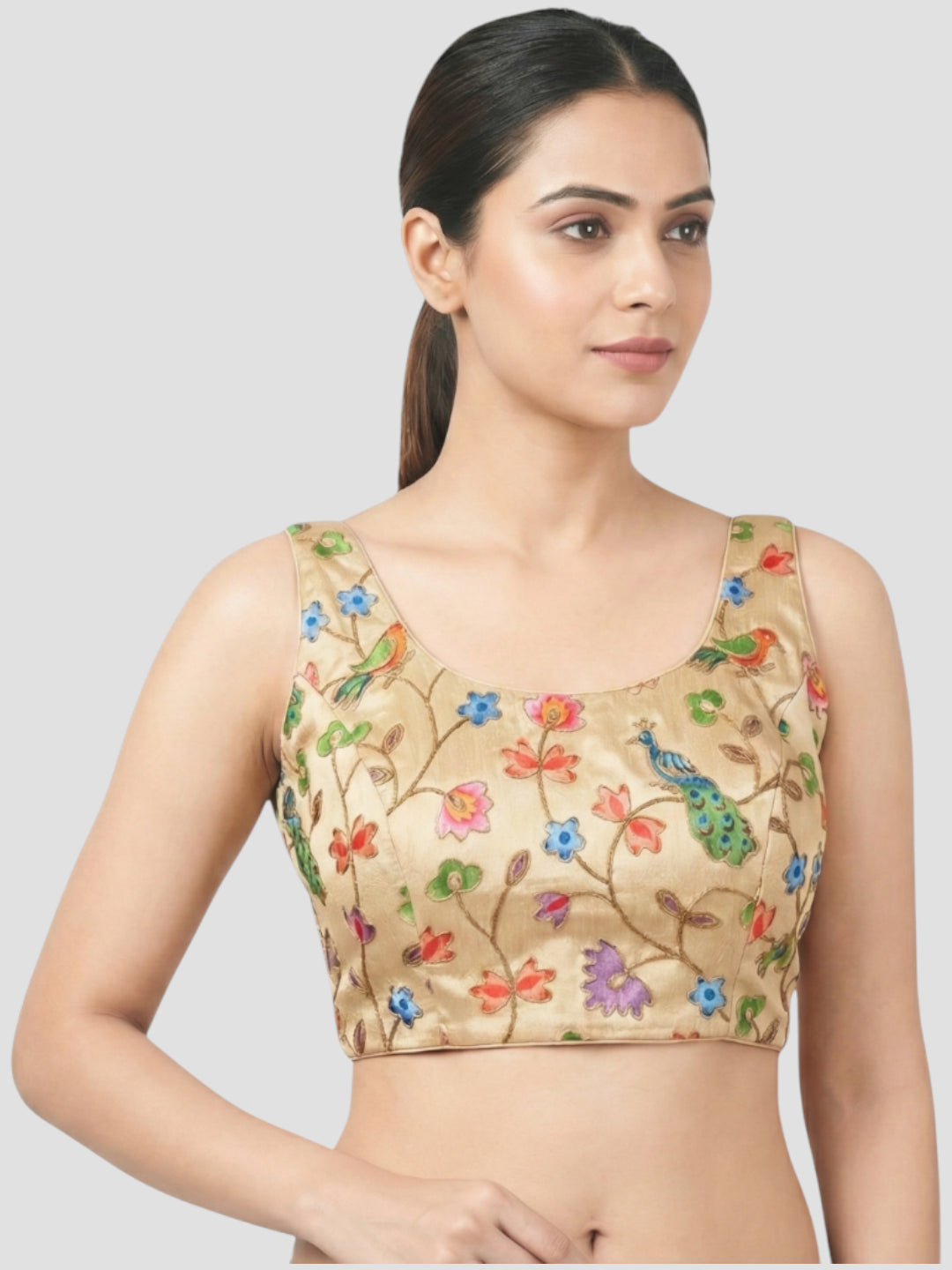 Gold Embroidered Peacock & Floral Sleeveless Saree Blouse with Scoop Neck
