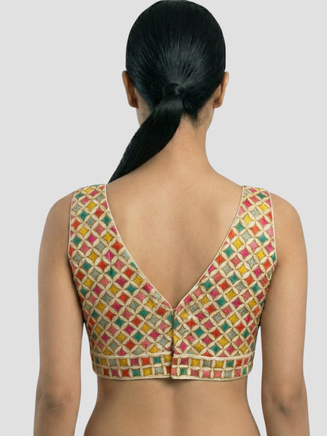 Multicolor Hand-Embroidered Geometric Blouse with V-Neck Front & Back