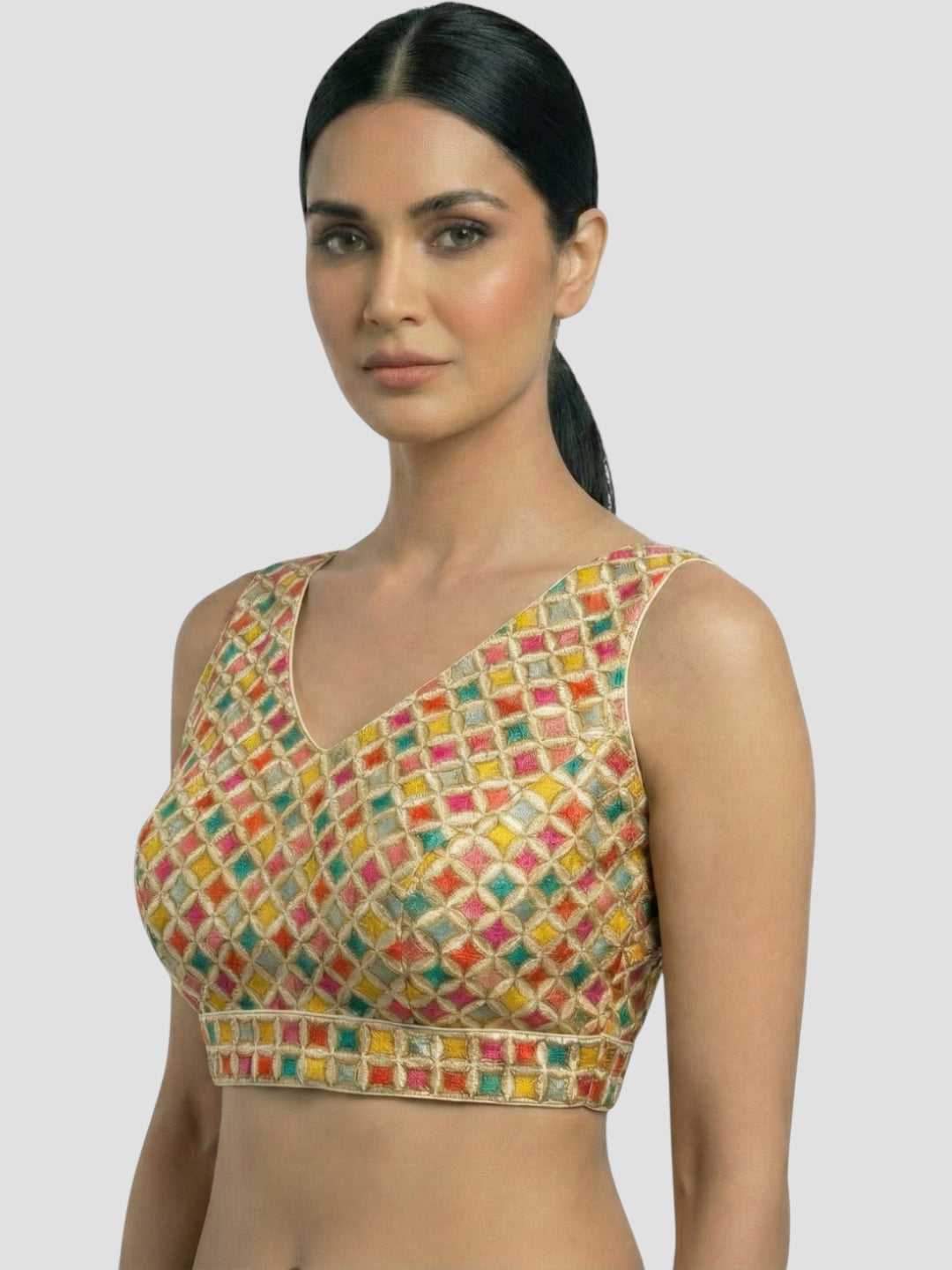 Multicolor Hand-Embroidered Geometric Blouse with V-Neck Front & Back
