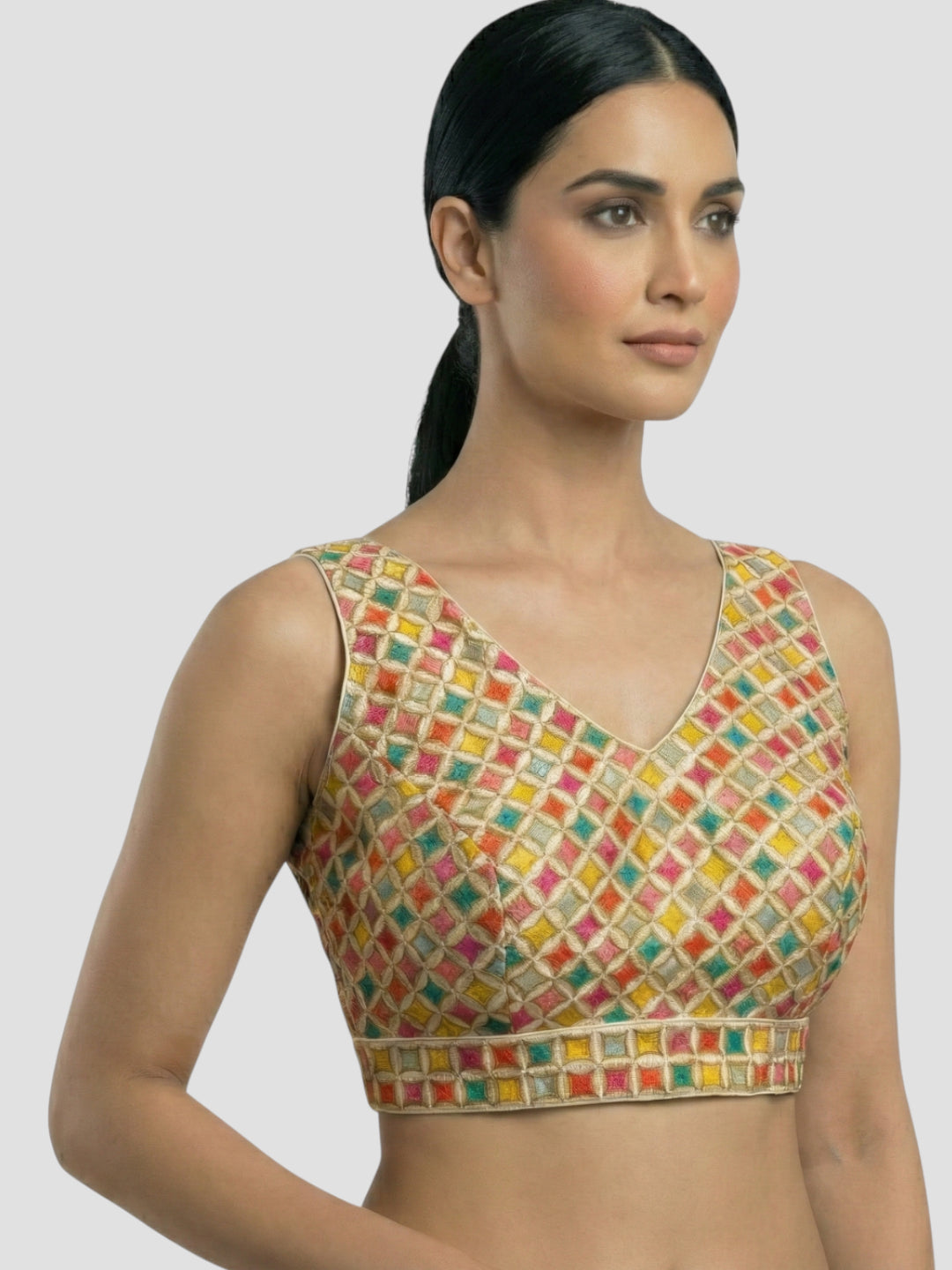 Multicolor Hand-Embroidered Geometric Blouse with V-Neck Front & Back
