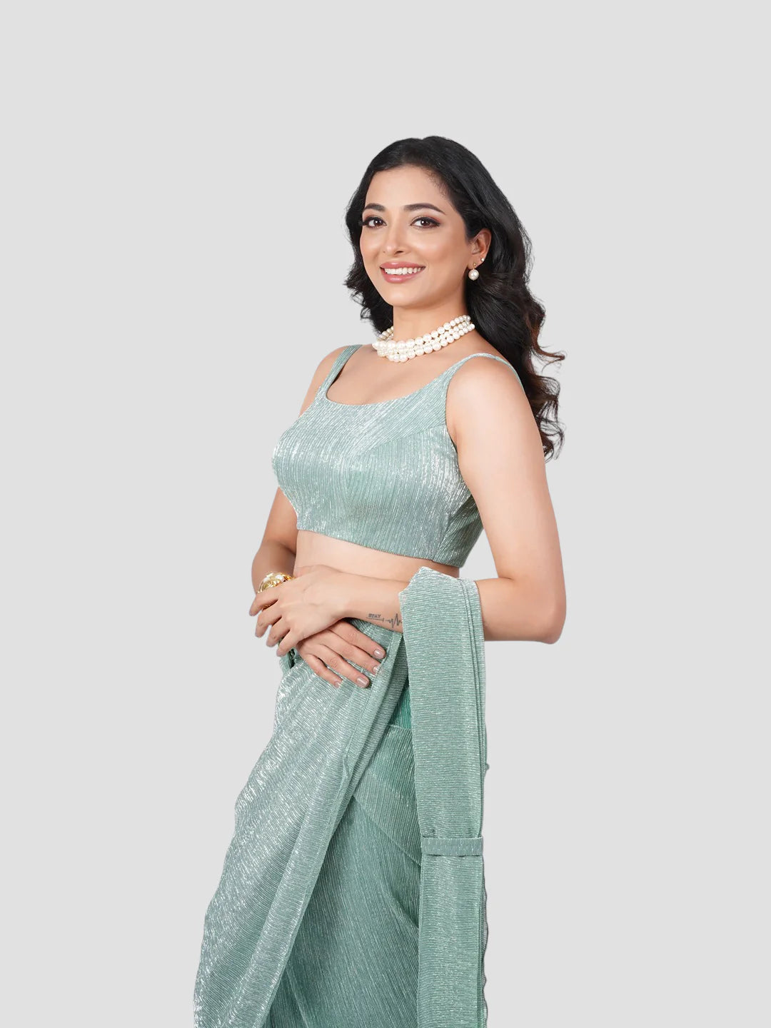 Mint Green Crush Tissue Saree With Readymade Blouse