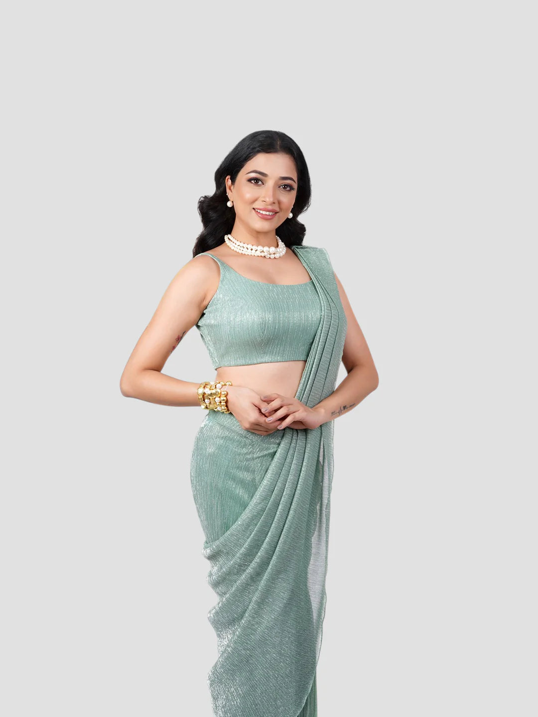 Mint Green Crush Tissue Saree With Readymade Blouse
