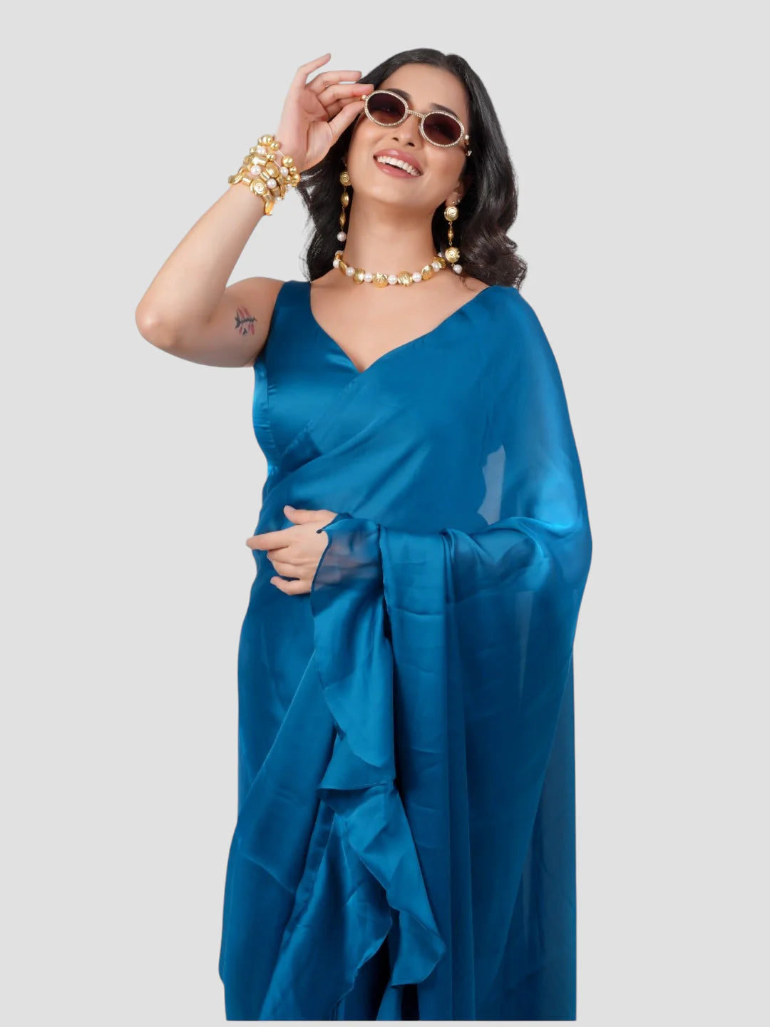 Blue Tissue Fabric Plain Saree With Readymade Blouse