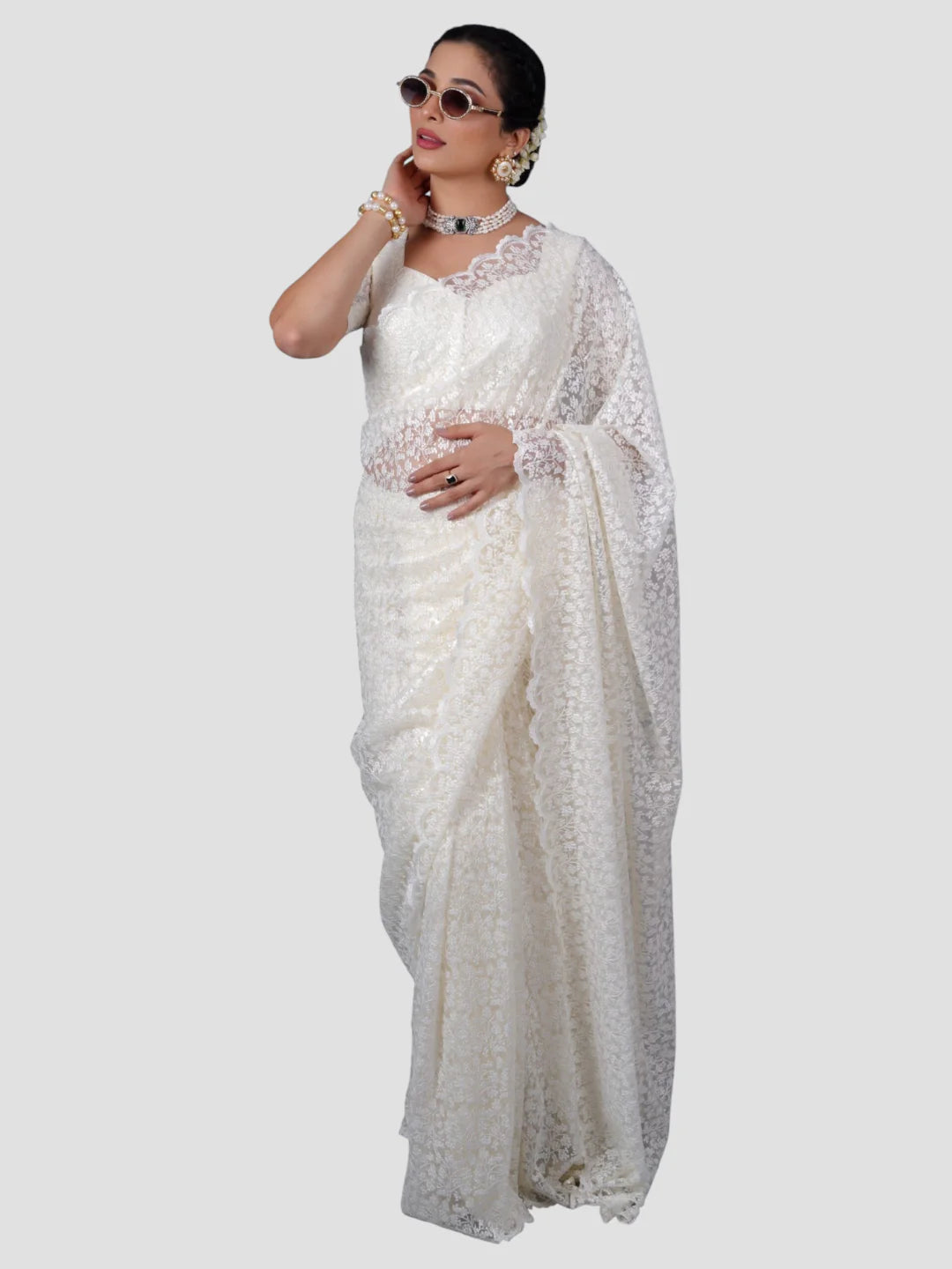 White Floral Net Saree With Readymade Blouse