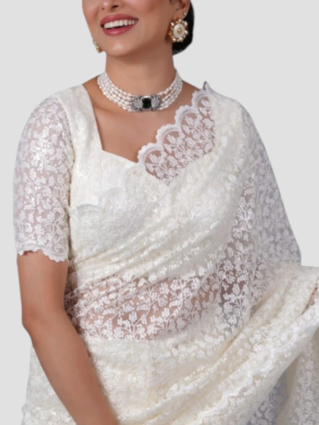 White Floral Net Saree With Readymade Blouse