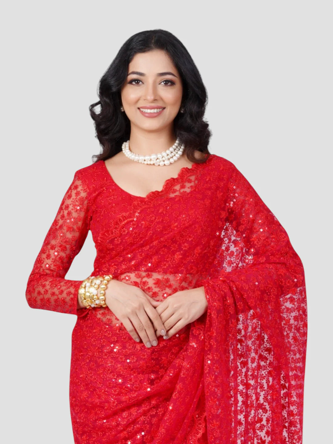 Red Floral Net Saree With Readymade Blouse