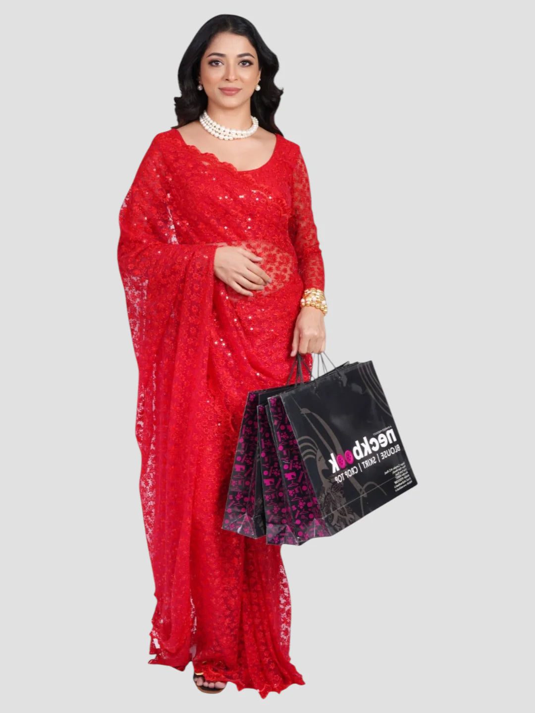 Red Floral Net Saree With Readymade Blouse