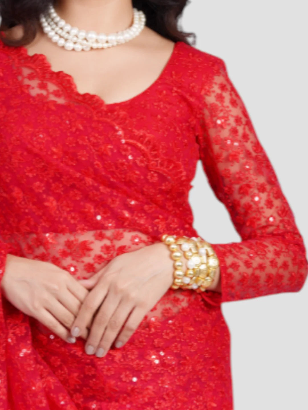 Red Floral Net Saree With Readymade Blouse