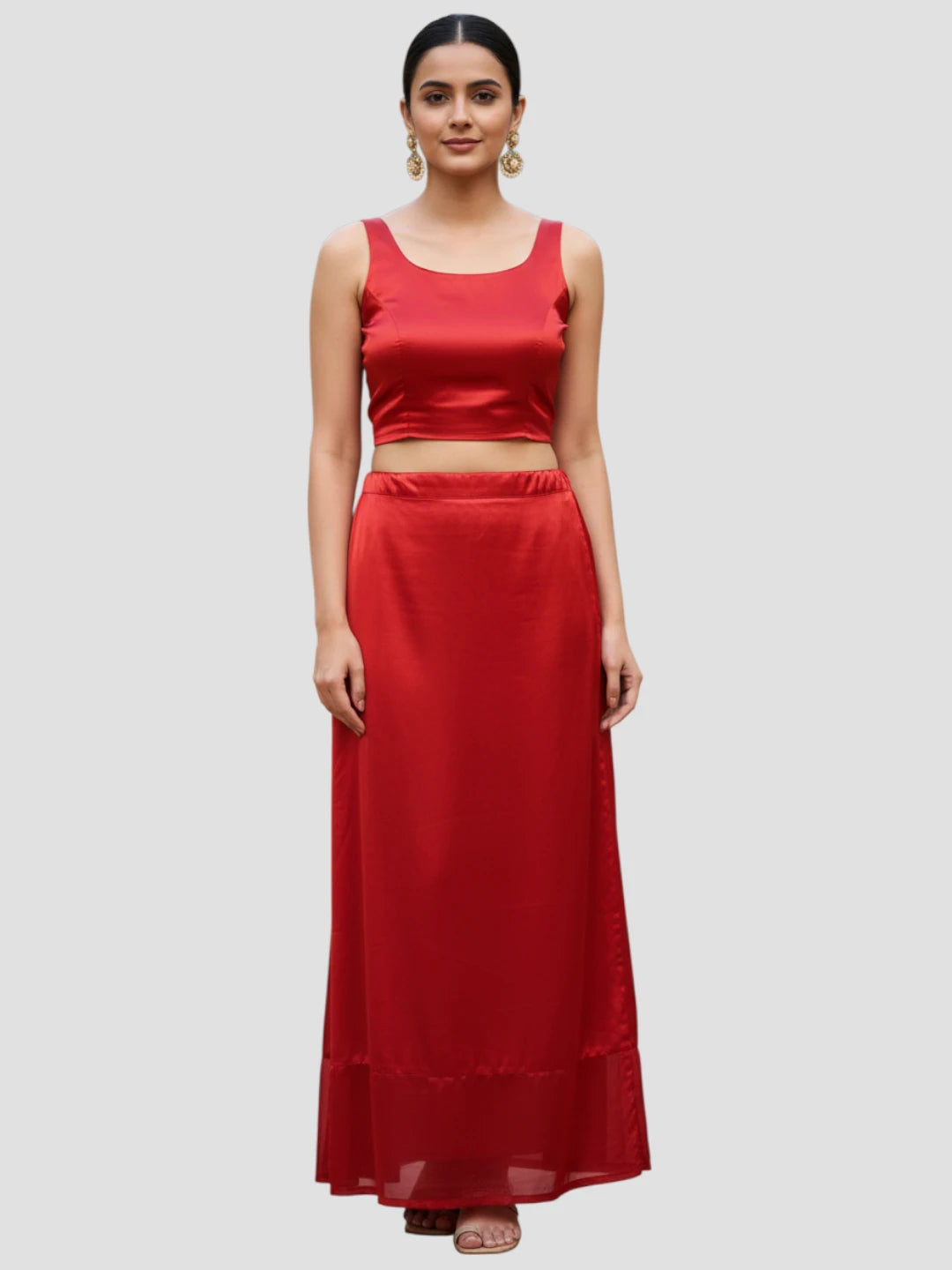 Tomato Red Satin Zip and Drawstring Petticoat