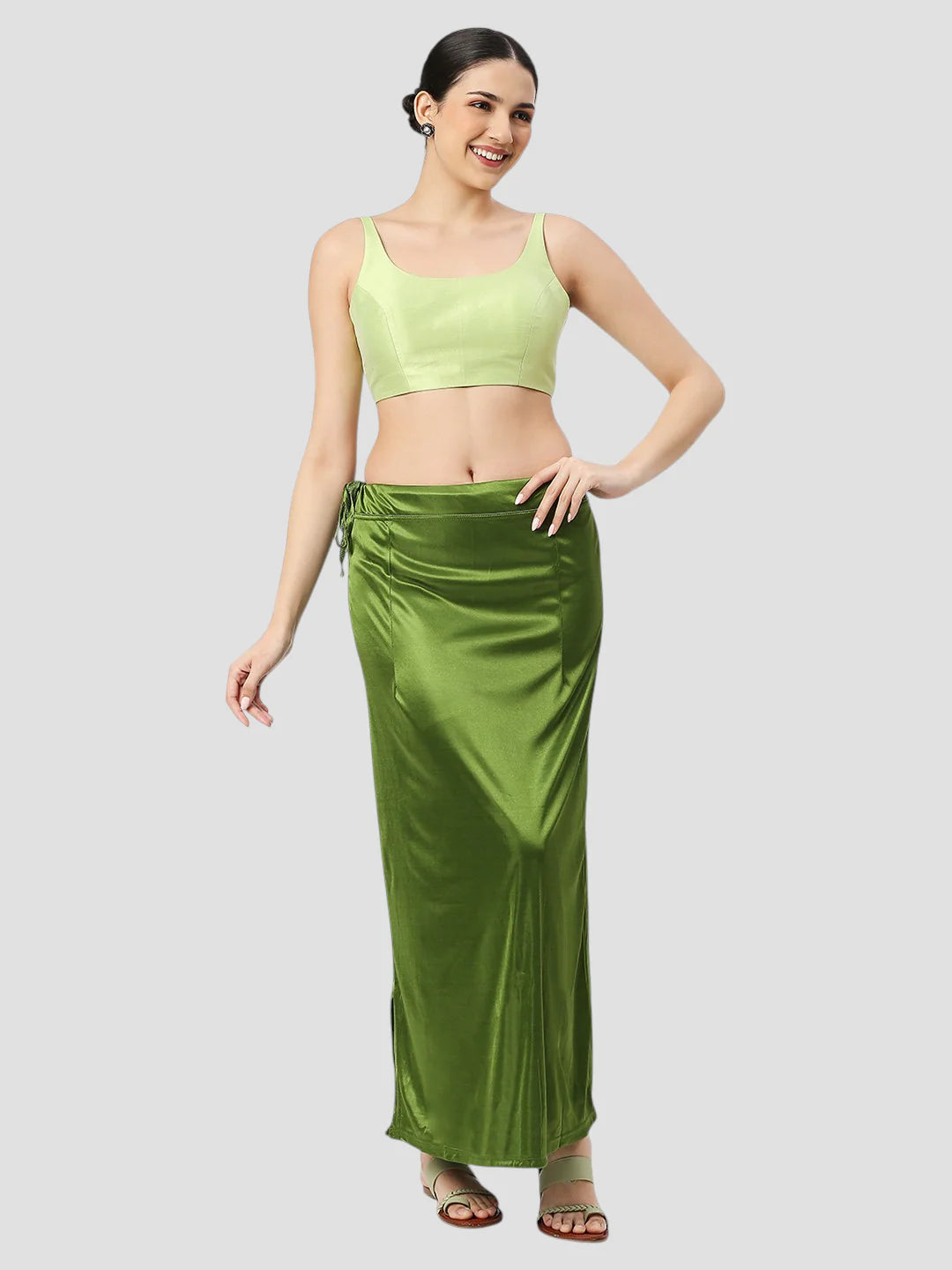 Light Mehndi Green Satin Zip and Drawstring Petticoat