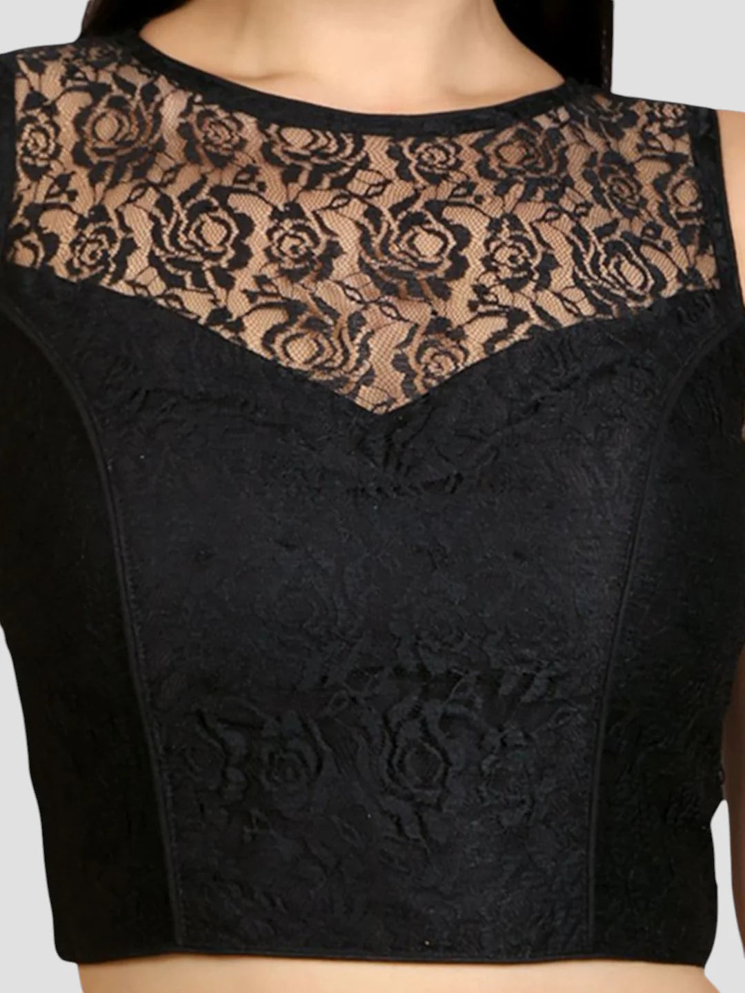 Chic Elegance Black Net Floral Sleeveless Saree Blouse With Round Neckline