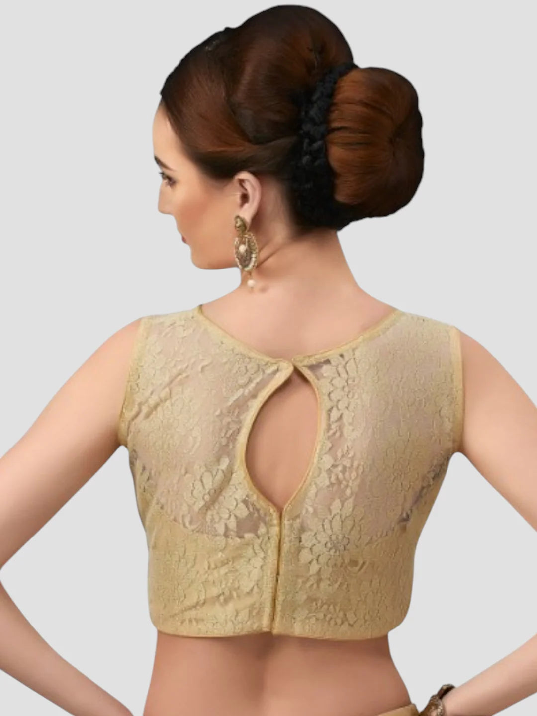 Glamorous Grace Gold Net Floral Sleeveless Saree Blouse With Round Neckline