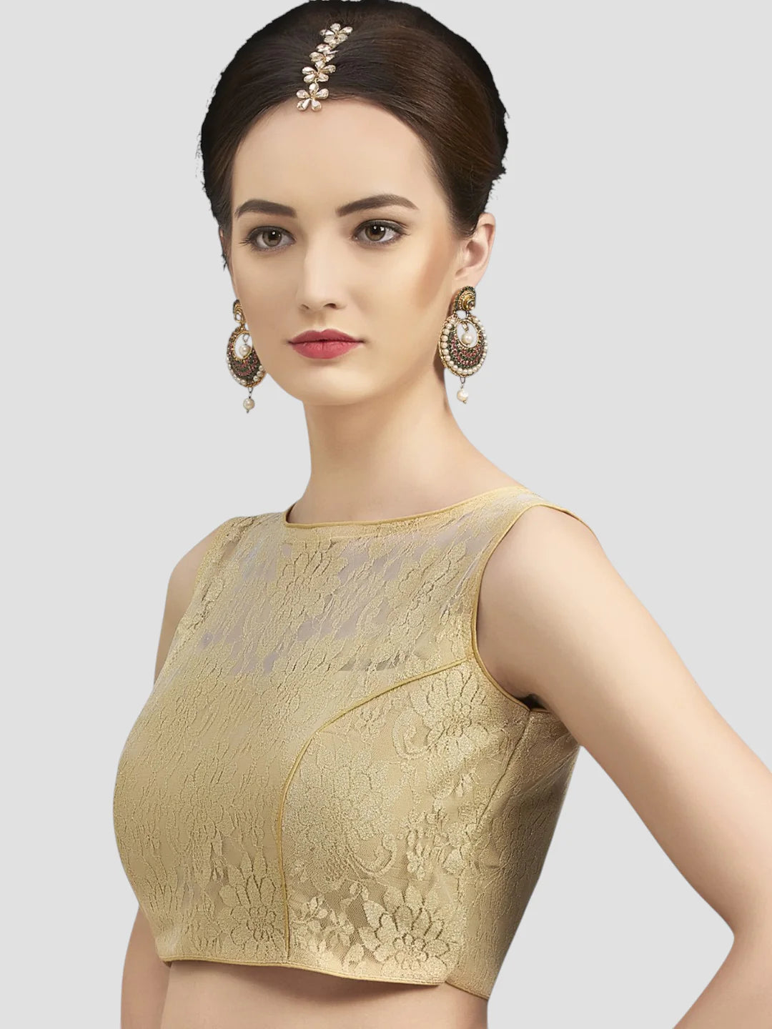 Glamorous Grace Gold Net Floral Sleeveless Saree Blouse With Round Neckline