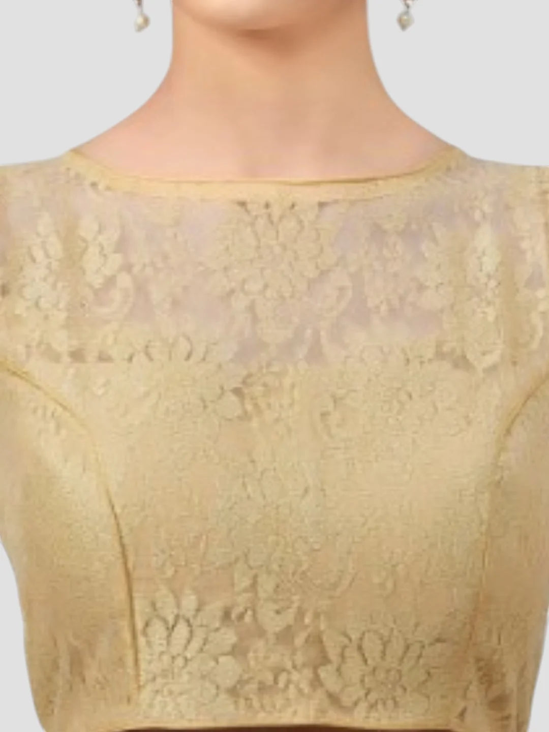 Glamorous Grace Gold Net Floral Sleeveless Saree Blouse With Round Neckline